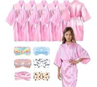 MSYU Girls Spa Robe, Set of 12 Pink Satin Kimono Bathrobes with Skincare Headbands for Salon Wedding Birthday Party Supplies - Tag Size 12