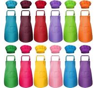 MSYU Kids Apron and Chef Hat Set, 12 Pieces Boys Girls Kids Apron with 2 Pockets Adjustable for Cooking Classroom Baking Painting, 6-13 Years, Multicolor