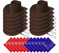MSYU Western Cowboy Hat with Bandanna 12 Pieces Cowboy Party Hats Bandannas Pack Halloween Party Cowboy Costume Birthday Party (Brown)