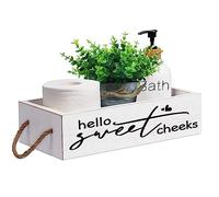 Msyueos Hello Sweet Cheek Decor Box with Rope - Rustic Wooden Storage Box with Funny Design on 2 Sides Perfect for Bathroom Decor, Toilet Paper Holder, Toilet Tank Basket, Toilet Organizer (White)