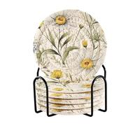 Msyxl Wildflower Daisy Drink Coasters Set - 6 Pcs Minimalist Woven Coasters with Holder for Home Decor, 3.94 Inch Absorbent Coasters for Drinks
