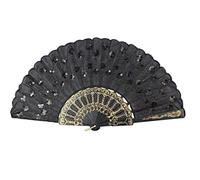 MSZSA Peacock Feather Black Sequins Design Plastic Folding Hand Fan (BLACK)