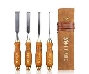 Mt Diablo Woodworking Tools 4 Piece Chisel Set - Premium CV60 Steel Wood Chisel Sets with Ergonomic Handles, Includes 1/4" 1/2" 3/4" 1" Widths - Ideal for Woodworkers - Durable Waxed Canvas Tool Roll