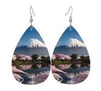 Mt. Fuji in early spring Women's Teardrop Leather Earrings, Hook 925 Silver Plated, Holiday Accessories