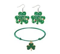 MTAADSO Irish Blessing St Patrick's Day Shamrock Jewelry Set with Earrings, Bracelet and Greeting Card, Green Clover Good Luck Charm Gift for Women, Regular, Zinc alloy, Acrylic, No Gemstone