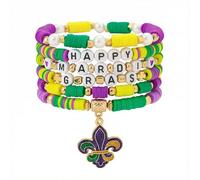 MTAADSO Mardi Gras Bracelets for Women Purple Green Gold Beaded Stretch Bracelets with Fleur De Lis Mask Carnival Holiday Accessory Party Gifts, One Size, Polymer clay, no gemstone