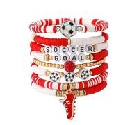 MTAADSO Soccer Themed Heishi Bead Bracelets Set, Blue and Yellow Polymer Clay, Goal Soccer Sports Charm Bracelet Stack with Letter Beads, 6 Pack, One Size, Polymer clay, no gemstone