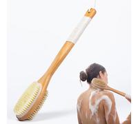 MtBoi Dual-Sided Back Scrubber - Long Bamboo Handle Shower Brush with Anti-Slip Grip, Stiff Natural Boar Bristles for Deep Exfoliation & Soft Nylon Bristles for Gentle Care, Wet/Dry Brushing