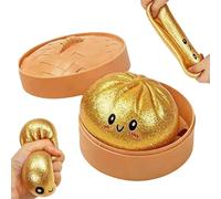 Mtbricey Dumpling Squishy Cute Simulated Steamed Buns Bao With Food Steamer Box Soft Fun Decompression Dough for Anxiety Relief Non-Edible Dumpling Stress Balls For Birthday Desk Decoration (Gold)