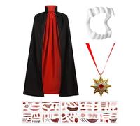 mtbtour Vampire Costume Kids 4 Piece Set, Vampire Cape With Double-sided Stand-up Collar, Vampire Teeth, Necklace, Kids Vampire Costume Suitable for Halloween and Cosplay Parties (120 cm)