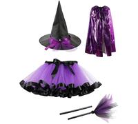 mtbtour Witch Costume Kids 4-Piece Set with Witch's Matching Hat, Broom, Skirt, Cape, Witch Costume for Halloween, Karneval, Fancy Dress Party (L)