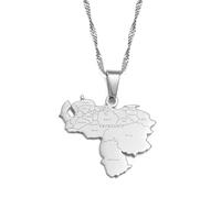 MTCDBD Venezuela Map Necklace For Unisex Jewelry, Venezuelan Map Pendant With City Name Party Dress Accessories Ethnic Style, Charm Patriotic Symbol Necklace Gift,Silver,45Cm Chain