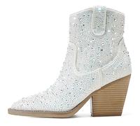 MTEZXRBY Women's Rhinestone Boots Sparkly Cowboy Booties Chunky Block Heel Pearl Detail Pointed Toe Bridal Wedding Western Studded Ankle Boots Cowgirl Short Boots, White, 9 UK