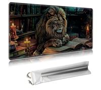 MTG Playmat 24x14 Inches - Large TCG/CCG Trading Card Game Mat, Full Artwork Design, Non-Slip Rubber Base & Smooth Cloth Surface, Free Storage Bag Included,Majestic Lion & Magical Books