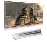 MTG Playmat with Zones 24x14 Inches - Trading Card Game Mat for TCG & CCG, Organized Layout, Non-Slip Rubber Base, Smooth Cloth Surface, Includes Free Storage Bag,Two Howling Wolves and Moon