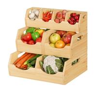 MTGSTOCL Upgraded 3-Tier Bamboo Pantry Storage Bins, Ventilated Stackable Potato & Onion Organizer w/ Spice Tray & 3 Veggies Baskets for Kitchen, Pantry, Bathroom & Living Room