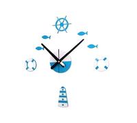 MTKSFDC 3D DIY Wall Clock Home DIY Wall Sticker Clocks Life Buoy Blue Sea Ship Fishes Type Wall Clocks Decor Wall Sailor Watches(Blue)