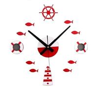 MTKSFDC 3D DIY Wall Clock Home DIY Wall Sticker Clocks Life Buoy Blue Sea Ship Fishes Type Wall Clocks Decor Wall Sailor Watches(Red)