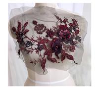 MTKSFDC Lace Fabric 3D Flowers Beaded Pearl Embroidery Patch For Wedding Dress Clothing Sew On Patches Diy Floral Lace Fabrics Applique(Red-1)