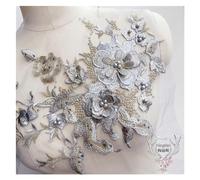 MTKSFDC Lace Fabric 3D Flowers Beaded Pearl Embroidery Patch For Wedding Dress Clothing Sew On Patches Diy Floral Lace Fabrics Applique(Silver)