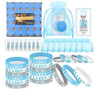 MTLEE 50 Sets Baby Shower Favors Tea Light Candles for Guests Cute Baby Shower Decorations with 50 Cards and 50 Organza Bags and 50 Silicone Bracelets for Boys Girls Gender Reveal (Blue,Cute)
