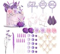 MTLEE 51 Pcs Boho Cake Topper Decorations Vintage Artificial Rose Flower Pampas Grass Acrylic Minimalist Art Lady Face Happy Birthday Ball Cake Topper for Wedding Baby Shower (Purple Flower)