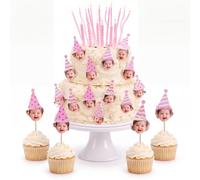 MTLEE Custom Face Photo Cupcake Toppers Kit 15 Pcs Birthday Hat Toppers with Wavy Straight Spiral Candles Personalized Photo Party Cake Decorations for DIY Crafts(Pink Series,Lovely Style)