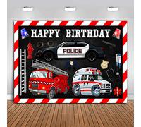 MTMETY 7x5ft Happy Birthday Backdrop Ambulance Fire Truck Police Car Background Red and White Warning Strip for Birthday Party Supplies Decoration Photo Booth Studio Props Cake Table Banner BJLSME315