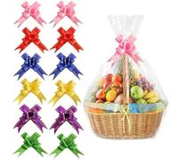 MtnLaur 12Pcs Large Cellophane Bags for Hampers with Pull Bows, Clear Cellophane Wrap Bags for Gift Baskets Hamper, Cellophane Wrap for Hampers, Presents Packaging, Weddings, Birthdays (70 x 52CM)