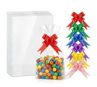 MtnLaur Clear Cellophane Bags 8"X12"/21X30CM, 60 Pack Plastic Gift Bags with Colorful Pull Bows, Flat Bottom Cellophane Treat Bags, Small Plastic Gift Wrap for Cookies, Candy, Party Favors (Clear)