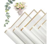 MtnLaur Flower Wrapping Paper 20 Sheets, Bouquet Wrapping Paper with Gold Border, Waterproof Korean Florist Bouquet Paper, Packaging Paper for DIY Crafts Wedding Birthday Gift (White)