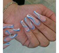 MTRSUE Abstract French Long False Nail, Blue and White Streamline Fake Nails Coffin Shape Kit with Glue for Women and Girls,24PCS