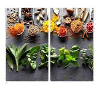 MTS Set of 2 Glass Chopping Boards - Spoons & Herbs Design - Non-Slip Feet, Compatible with All Hob Types, Heat Resistant - Beautiful Hob Covers, Glass Worktop Savers for Kitchen