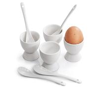 MTS Set of 4 Ceramic Egg Cups with Spoons, Porcelain White Breakfast Set | Stable porcelain holders with utensils. Perfect for hard or soft-boiled eggs. Compact cupboard storage.