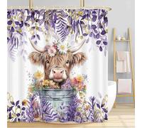 Mtsxfy Purple Shower Curtain, Boho Plant Eucalyptus Leaves Floral Funny Highland Cow Bath Curtain, Farmhouse Animals Bathroom Accessories Botanical Lavender Bathroom Curtain Set with Hooks, 72X72in