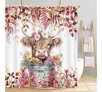 Mtsxfy Red Shower Curtain, Boho Plant Eucalyptus Leaves Floral Funny Highland Cow Bath Curtain, Farmhouse Animals Bathroom Accessories Botanical for Bathroom Curtain Set with Hooks, 72X72in
