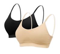 mtuihfo 2Pack Padded Bralettes for Women Non Wired Sports Sleep Bra Seamless Yoga Bra with Single Strap Removable Pads for Women Girls (UK, Alpha, XL, Regular, Regular, Beige+Black)