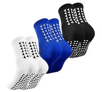 mtuihfo 3 Pairs Breathable Kids Grip Socks, Boys Football Socks Grip Kids, Football Grip Socks for Running Hockey Football Aged 9-12 (UK, Age, One Size, Regular, Black1+White1+Blue1)