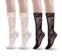 mtuihfo 4 Pairs Fishnet Socks, Lace Breathable Stockings Calf, Pop Stylish Jacquard Hollow Out Knee-high Socks for Women and Girls (Black + White)