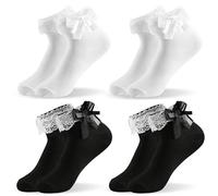 mtuihfo 4 Pairs Frilly Socks Women, Bow Opaque Ruffle Ankle Lace Socks Girls, Cute Ballet for Girls Women (White+Black)