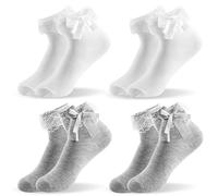mtuihfo 4 Pairs Frilly Socks Women, Bow Opaque Ruffle Ankle Lace Socks Girls, Cute Ballet for Girls Women (White+Gray)
