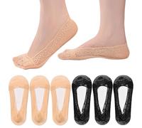 mtuihfo 6 Pairs Invisible Socks Women, Non Slip No Show Socks Women Breathable Lightweight Lace Shoe Sock for Loafers High-heel Shoes (UK, Alpha, One Size, Regular, Regular, Black and Nude)