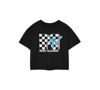 MTV Checkerboard Logo Womens Black Cropped T-Shirt | Short Sleeve Graphic Tee | Retro Logo Top | Music Television Apparel | Vintage Style Black Tee for Women