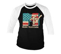 MTV Officially Licensed Distressed USA-Flag Baseball 3/4 Sleeve T-Shirt (White-Black), M