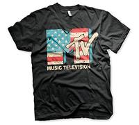 MTV Officially Licensed Distressed USA-Flag Mens T-Shirt (Black), M