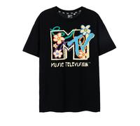 MTV Womens T-Shirt | Ladies Classic Logo & Floral Graphic Tee in Black | Iconic Retro Music Television Lightweight Short-Sleeve Top | Nostalgic Music Merchandise Gift for Adults