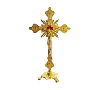 MTYIQS Standing Cross Decor Crucifix with Base 10" Tabletop Metal Jesus Christ Catholic Wood Crafted Antique Gold Cross for Table Home Chapel Decoration Religious Gifts
