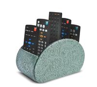 Mtzmy Remote Control Holder with 5 Compartments, PU Leather Large Holder for TV, DVD, Remote Control Storage for Pens, Mobile Phone (1 Carved Cooper Green)