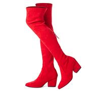 Mtzyoa Thigh High Block Heel Boot Women Pointed Toe Stretch Over The Knee Boots, Red/3 Inch Heel, 4.5 UK