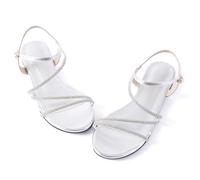 Mtzyoa Women Flat Sandals Dressy Strappy Gladiator Summer Ankle Strap Nude Open Toe Comfortable Wedding Casual Leather Ladies Party Trendy Vacation, Rhinestone Silver, 7 UK